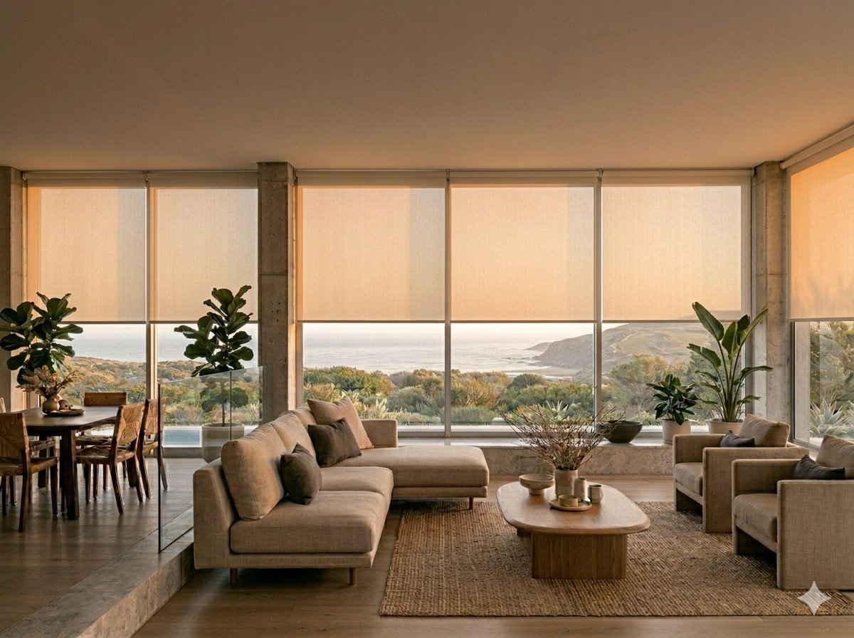 Sunlit Garden Route living room with Blinds Company sheer roller blinds and an ocean view
