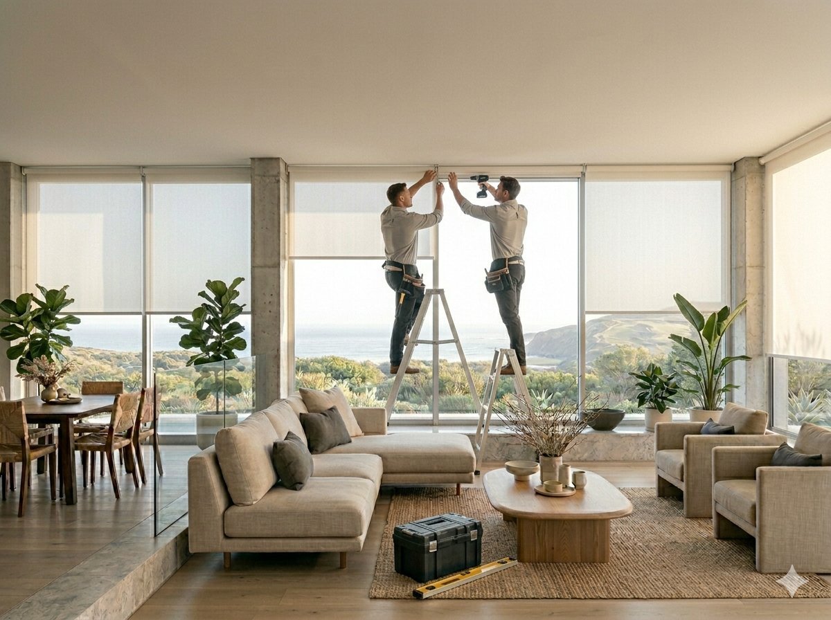 The Blinds Company team installing roller blinds in a Garden Route home